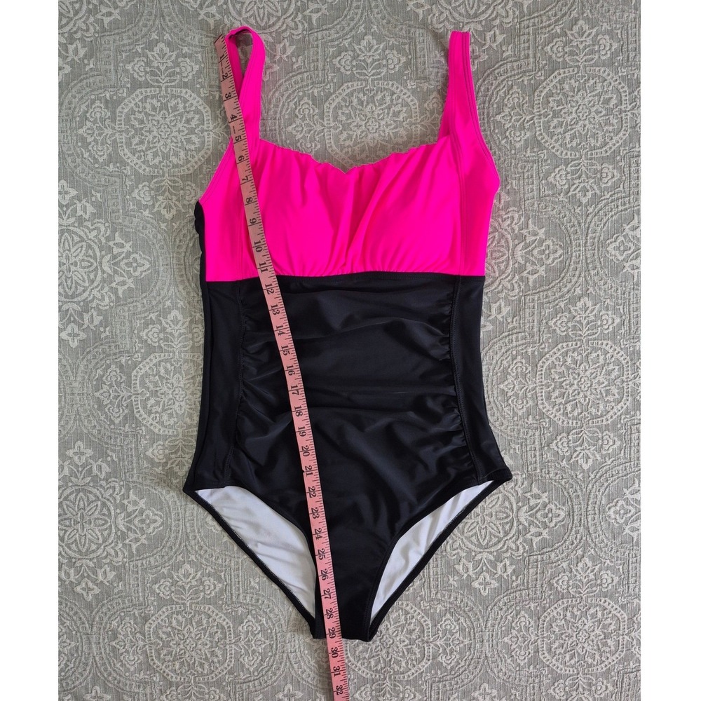Aqua Eve One Piece Swimsuit Neon Pink Black Ruched Tummy Control Large NWT - Picture 2 of 7
